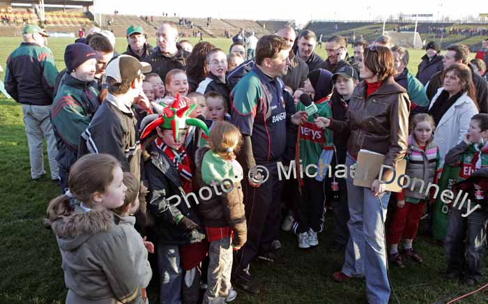Mayo manager John O'Mahony gives one og his many interviews after Mayo defeated reigning All-Ireland and National League champions Kerry in the opening round of the 2007 Allianz National Football League at McHale Park, Castlebar last Sunday. Photo:  Michael Donnelly