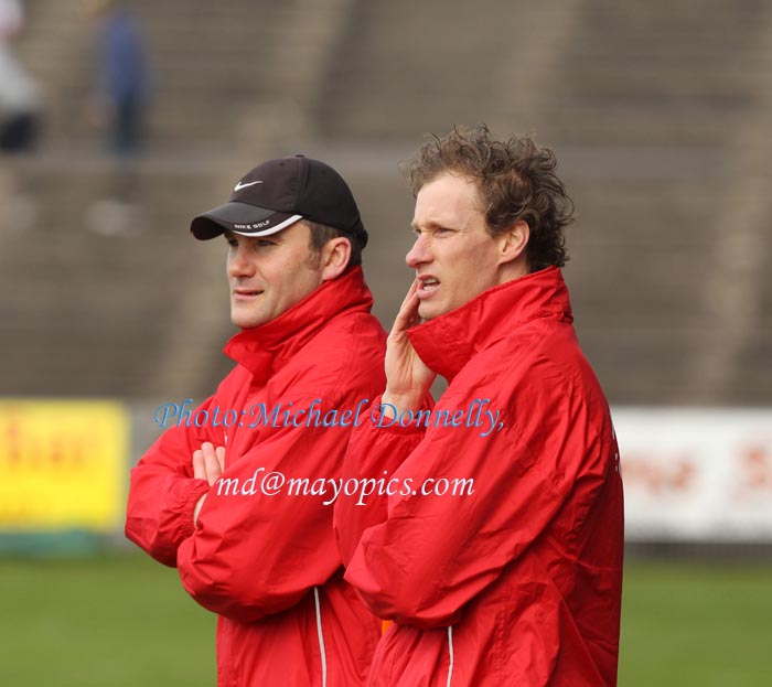 Mayo's James Horan and James Nallen keeping a close eye on the game in the 2011 Allianz Football League Division 1 Round 6 in McHale Park