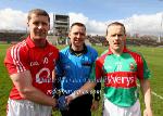 Referee Rory Hickey pictured with captains Fintan Goold, Cork and Andy Moran, Mayo in the 2011 Allianz Football League Division 1 Round 6 in McHale Park