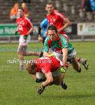  Cork's Michael Shields loses his balance in the 2011 Allianz Football League Division 1 Round 6 in McHale Park, Castlebar. Photo:Michael Donnelly, 