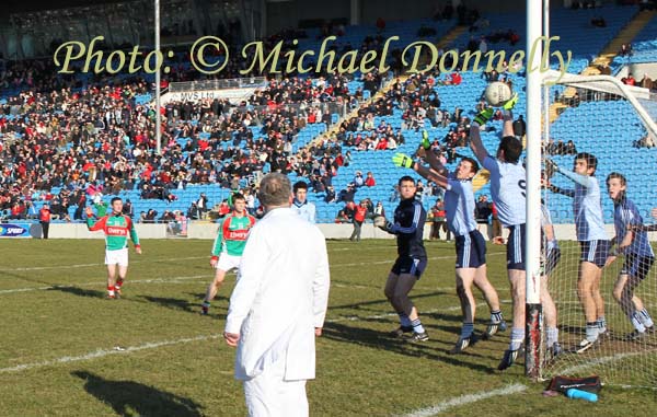 Mayo were 2 points down and this (last kick of the game) free taken by Andy Moran was heading for goal to win the game but is deflected over the bar by Dublin's Ross McConnell in the Allianz GAA Football National League Division 1 Round 3 in McHale Park, Castlebar. Photo:  Michael Donnelly