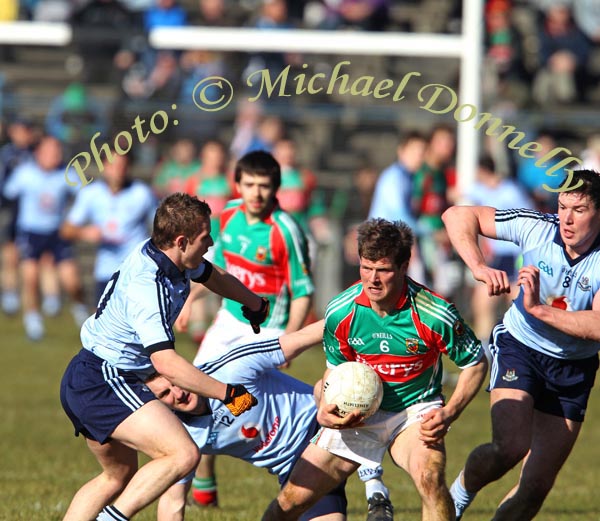 Mayo's Trevor Howley loooks for an escape route in the Allianz GAA Football National League Division 1 Round 3 in McHale Park, Castlebar. Photo:  Michael Donnelly