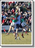 Mayo's Tom Parsons goes highest in this aerial battle in the Allianz GAA Football National League Division 1 Round 3 in McHale Park Castlebar Castlebar. Photo:  Michael Donnelly