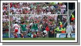 Mayo's Robert Hennelly deflects this shot from Tyrone's Paddy McNeice over the bar in the ESB GAA All Ireland Minor Football Final in Croke Park. Photo:  Michael Donnelly