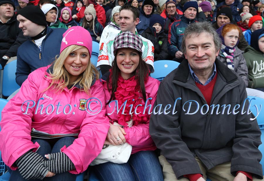 Crossmolina ladies Lorraine Rowland and Veronica Loftus, pictured with Journalist, songwriter and MidWest Radio presented Michael Commins at the 2013 Allianz Football League Div 1 Round 6 in Elverys MacHale Park Castlebar. Photo: © Michael Donnelly