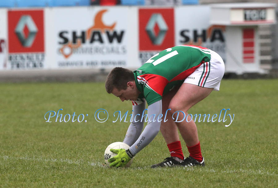 Cillian O'Conner places a free at the 2013 Allianz Football League Div 1 Round 6 in Elverys MacHale Park Castlebar. Photo: © Michael Donnelly