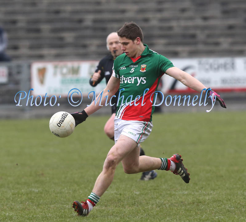 Lee Keegan clears his lines in the 2013 Allianz Football League Div 1 Round 6 in Elverys MacHale Park Castlebar. Photo: © Michael Donnelly