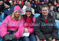 Crossmolina ladies Lorraine Rowland and Veronica Loftus, pictured with Journalist, songwriter and MidWest Radio presented Michael Commins at the 2013 Allianz Football League Div 1 Round 6 in Elverys MacHale Park Castlebar. Photo: © Michael Donnelly