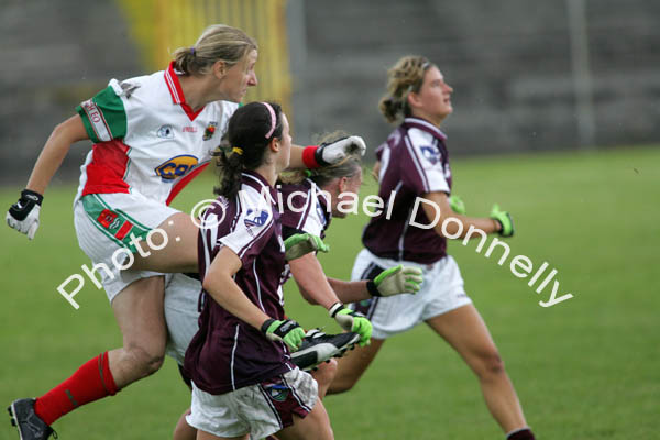 Cora Staunton watches this volley slip in under the Galway crossbar to start a great Mayo recovery in the Connacht Ladies Football TG4 Senior Championship final in Tuam. Photo:  Michael Donnelly