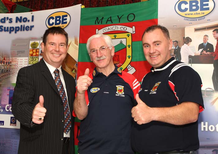 Seamus Murray, Director of CBE, (sponsors of the Mayo Ladies Senior team) pictured with Bernard Cumiskey Chairman of the Mayo Ladies County Board and Frank Brown, team manager. Photo:  Michael Donnelly