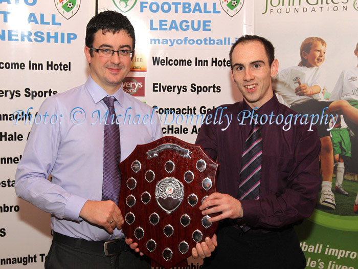 Sean Henry, Connacht Gold, presents CG Shield to Darren Coleman Conn Rangers at the Mayo League Dinner and Presentation of awards in the Welcome Inn Hotel Castlebar. Photo: © Michael Donnelly Photography