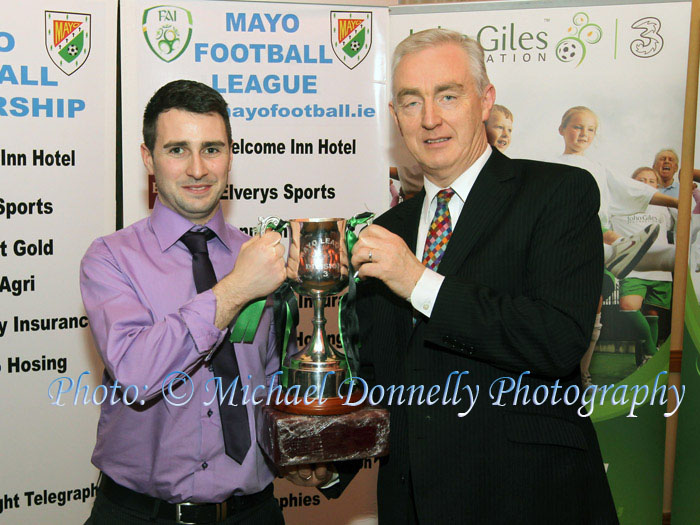  Joe O'Dea (Welcome Inn Hotel) presents the Mayo League Division 3  Cup and medals to Sean Kelly Ballyheane B at the Mayo League Dinner Dance and Presentation in the Welcome Inn Hotel Castlebar.Photo: © Michael Donnelly Photography