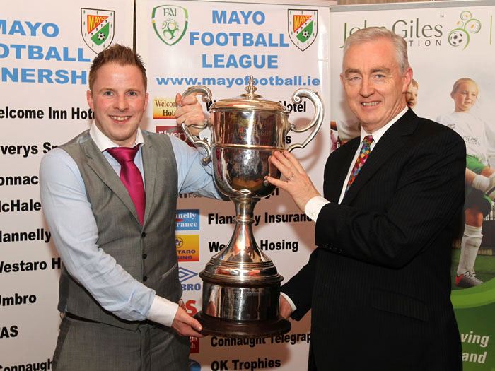 Mayo League Cup Joe O Dea presents the Premier Divisions trophy to Ritchie Needham (Fahy Rovers) . Photo: © Michael Donnelly Photography
