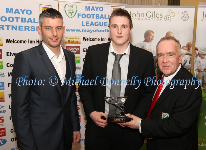  Gary Cunningham of Westport United  is  presented with Goalkeeper of the Year  Award by Pat Quigley, Sponsor; included in photo is Ciaran Kelly, Mayo native who made history by saving FAI Cup penalties for Sligo Rovers. Photo: © Michael Donnelly Photography