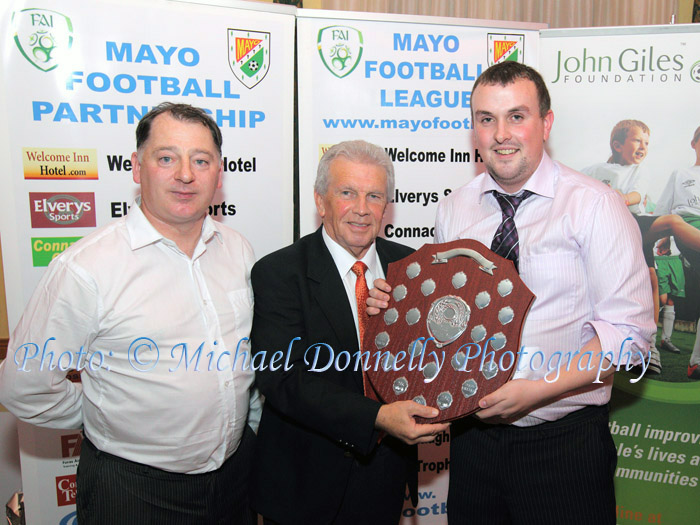Special Guest John Giles  presents the Club of the Year Perpetual shield + €300 
to Hugh Kennedy of  Bangor Hibernians, at the Mayo League Dinner Dance and Presentation  in the Welcome In Hotel Castlebar, included on left is Padraig McHale Chairman Mayo League. Photo: © Michael Donnelly Photography

