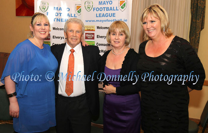 John Giles, Guest of Honour at the Mayo League  Dinner Dance and Presentation night in the Faailte Suite, Welcome In Hotel Castelbar pictured with from left: Carol O'Brien, Deirdre Dwyer and Siobhan Murray. Photo: © Michael Donnelly Photography