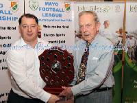 Paddy Flynn (President Ballina Town) accepts the Liam McEntee Charity shield from Padraig McHale Chairman Mayo League at the Mayo League Dinner and Presentation of awards in the Welcome Inn Hotel Castlebar. Photo: © Michael Donnelly Photography