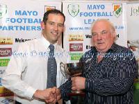Oliver Kelleher presents the Oliver Kelleher cup to Stephen Barrett (Mulranny Utd) at the Mayo League Dinner and Presentation of awards in the Welcome Inn Hotel Castlebar. Photo: © Michael Donnelly Photography