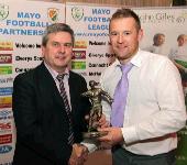 Gerry Sweeney presents the league 2 division player of the year to Sean Mc Greevey (Glenhest Rovers) on behalf of Paul Coady at the Mayo League Dinner and Presentation of awards in the Welcome Inn Hotel Castlebar. Photo: © Michael Donnelly Photography