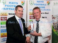 Tom Jennings, Vice-chairman Mayo League presents the Team Manager of the Year  award Sponsored by Umbro to  Jimmy Flannery, Bangor Hibs at the Mayo League Dinner and Presentation of awards in the Welcome Inn Hotel Castlebar. Photo: © Michael Donnelly Photography