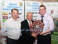 Special Guest John Giles  presents the Club of the Year Perputal shield + €300 
to Hugh Kennedy of  Bangor Hibernians, at the Mayo League Dinner Dance and Presentation  in the Welcome In Hotel Castlebar, included on left is Padraig McHale Chairman Mayo League. Photo: © Michael Donnelly Photography

