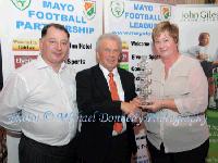  Special Guest John Giles makes a presentation to Teresa Mc Cabe, Chairperson Connaught FA at the Mayo League Dinner Dance and Presentation in the Welcome Inn Hotel Castlebar included on left is Padraig McHale, Chairman Mayo eague. Photo: © Michael Donnelly Photography
