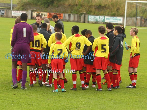 Half time briefing for Watford v West Ham match at Ballyglass in Mayo International Cup. Photo: © Michael Donnelly Photography