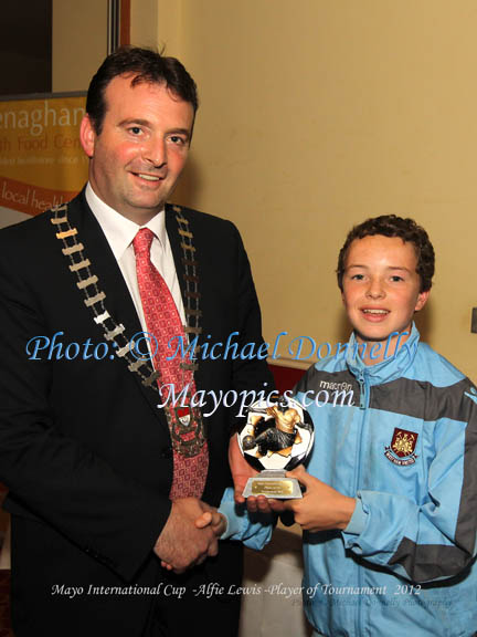 Cyril Burke, Cathaoirleach Mayo  Co Co presents the Player of the Tournament award to Alfie Lewis of West Ham FC in the Mayo International Cup U-13 Schoolboys Tournament at pressentation in Breaffy House Resort, Castlebar. Photo: © Michael Donnelly Photography