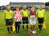 Captains with match officials in the Exeter City v West Ham at Celtic Park, Castlebar in Mayo International Cup. Photo: © Michael Donnelly Photography