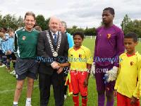 Cllr Brendan Henaghan, Mayor of Castlebar welcomes the Watford FC team at Milebush Park in Mayo International Cup. Photo: © Michael Donnelly Photography