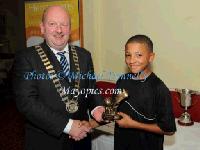 Cllr Brendan Henaghan, Mayor of Castlebar (Henaghan Healthfoods) presents the Golden Boot award to Jadon Sancho of Watford FC at presentation of medals  in Mayo International Cup in Breaffy House Resort, Castlebar. Photo: © Michael Donnelly Photography