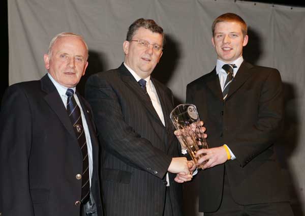 Austin O�Malley is presented with the Connacht Sportswriters monthly award for February by Pat Jennings TF Royal Hotel and Theatre (sponsor at the Connacht Sportswriters Presentation Dinner in the TF Royal Hotel and Theatre Castlebar, included in photo on left is Tommy Moran President GAA Connacht Council. Photo Michael Donnelly 