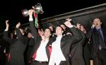 Brian Ruane, captain of the Ballina Stephenites team, displays the Cup to the crowd at the Homecoming celebrations in James Stephens Park, Ballina. Photo Michael Donnelly