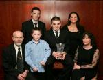 Pat Barrett winner of the Soccer  section of the 35th Western People Mayo Sports Awards 2004 pictured with family at the presentation in the TF Royal Theatre Castlebar, front from left:  Pat, Cathal Pat  and Geraldine Barrett, and at back Chris and  Nikki Barrett. Photo Michael Donnelly