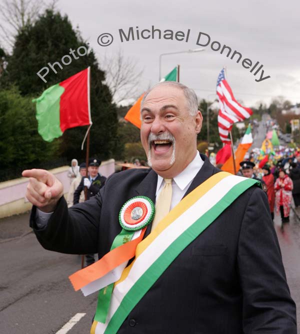 Bob Shannon, leader of the Quaker City String Band in jovial form at St Patrick's Day Parade in Kiltimagh. Photo:  Michael Donnelly