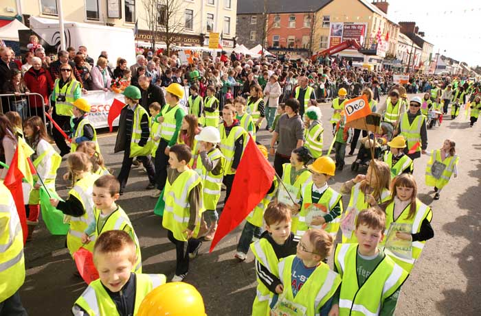 Gaelscoil Uileog De Brca, Lochan na mBan, Claremorris pictured  as they pass the Reviewing stand at the Claremorris St Patrick's Day Parade. Photo:  Michael Donnelly