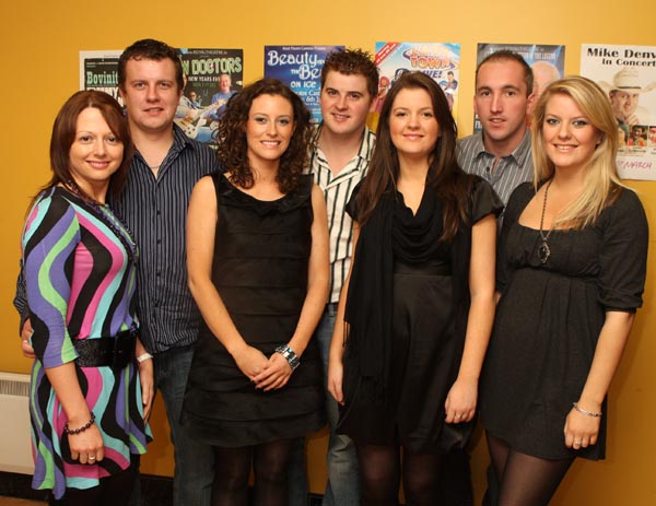 Enjoying New Years Eve at the Saw Doctors in the TF Royal Hotel and Theatre, Castlebar, from left: Kelley Hennigan, Castleconnor; and Patrick Moyles, Patricia Moyles Brendan Hughes, Marina Moyles, Damian Syron and Michelle Moyles, Crossmolina. Photo:  Michael Donnelly