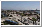 A view of of Long Beach Harbour, Los Angeles California. The Queen Mary pictured top right from the Ferris Wheel, in foreground left is the seating for the Long Beach Grand Prix 15th April 2008. Photo Michael Donnelly