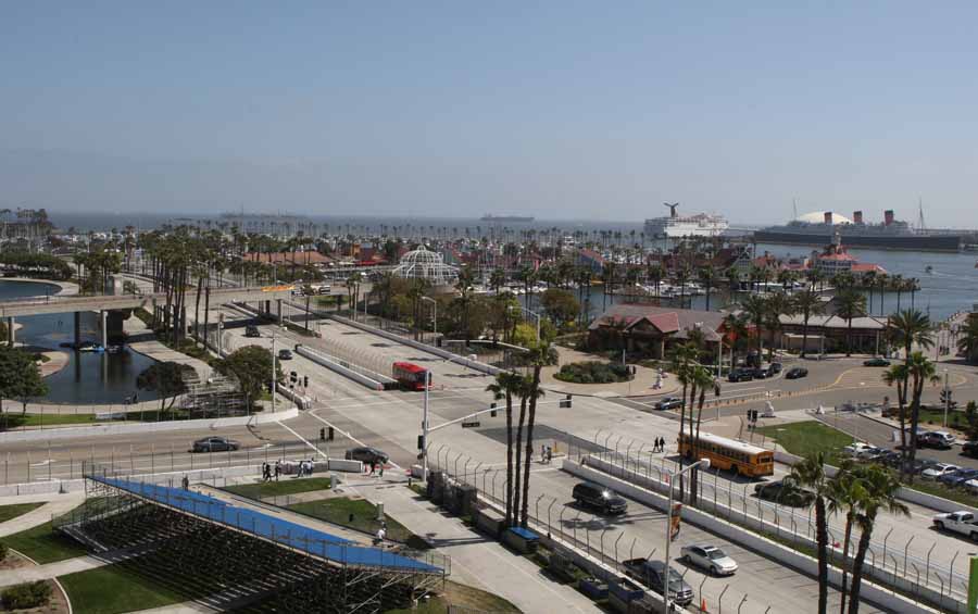 A view of of Long Beach Harbour, Los Angeles California. The Queen Mary pictured top right from the Ferris Wheel, in foreground left is the seating for the Long Beach Grand Prix 15th April 2008. Photo Michael Donnelly