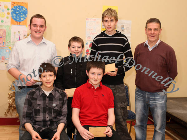  Winners in the St Colmans College Claremorris section of the St Colmans (Claremorris) Credit Union Poster Competition, held in the Dalton Inn Hotel, Claremorris, front from left: Category D:Conor Macken, 1st; John McLoughlin, 2nd; Caolan McTigue 3rd (Missing); At back Category E winners: Sean Brennan, 1st; Kieran Waldron on behalf on Thomas Waldron, 2nd; and Anthony Walsh, 3rd and John Timothy, Claremorris Credit Union. Photo Michael Donnelly 