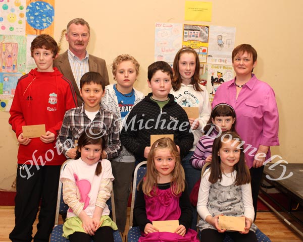 Winners in the Ballindine National School section of the St Colmans (Claremorris) Credit Union Poster Competition, held in the Dalton Inn Hotel, Claremorris, front from left: Category A- Gemma Garvey, 1st; Alannah Gallagher, 2nd; Karina Moran, 3rd; middle row Category B: Aiden Macken, 1st;James Corless, 2nd; Alice Rattigan, 3rd; At back Category C: Niall Monaghan, 1st; Jack Birdthistle, 2nd; and Laura Corless, 3rd; included in photo are Martin O'Brien (teacher) and Martina Gormley  Claremorris Credit Union . Photo Michael Donnelly 