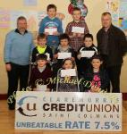 Winners of the Facefield NS section of the St Colman's (Claremorris) Credit Union Poster Competition 2010, front from left Category A- Aisling Horkan, 1st; Ailsing Commons, 2nd; and Sinead Murphy, 3rd; Middle row Category B: Jason Henry, 1st; Sean Joyce, 2nd and  James Jennings, 3rd; At back, Luke O'Malley, Claremorris Credit Union, with  Brian Murphy, 1st Category C; Conor Jordan, 2nd, and Noel Commons, (teacher). Photo:Michael Donnelly