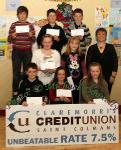 Winners of the Ballindine NS section of the St Colman's (Claremorris) Credit Union Poster Competition 2010, front from left Category A- Jack Trench, 1st; Shannen Higgins, 2nd; and Aine Mangan 3rd; Middle row Category B: Ava Trench, 2nd and Stacey Prendergast, 3rd; At back, ; DAmien Floss Jones, 1st; James Corless, 2nd, Kieran Fahey, 3rd and Martina Gormley, Claremorris Credit Union. Photo:Michael Donnelly