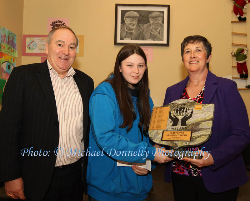 Shania McDonagh, Mount St Michael Secondary School, Claremorris, Overall winner of the St Colman's (Claremorris) Credit Union Poster Competition 2011 is presented with the Gerry Rynne Memorial Trophy by Gerry's daughter Mary Hanley, included in photo is Brendan Mellett, Claremorris Credit Union. Photo: © Michael Donnelly