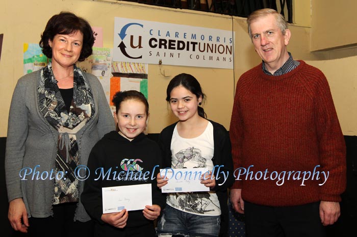 Lisa Henry and Shawna Fahy were winners in the Convent  Girls NS  Claremorris section of the Claremorris Credit Union Poster competition 2011 pictured with Teresa Nally (teacher), and Seamus Connaughton, Claremorris Credit Union. Photo: © Michael Donnelly Photography