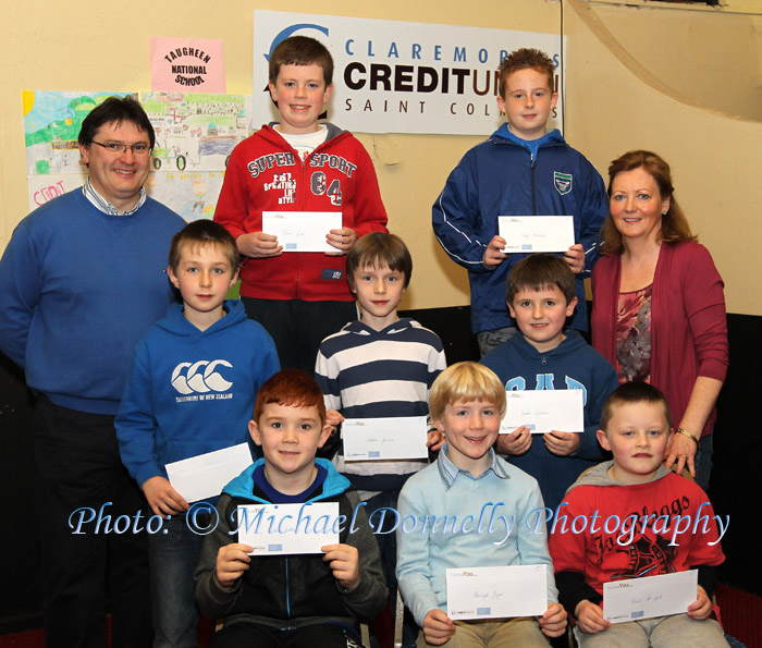 Winners of the Boys NS  Claremorris section of the Claremorris Credit Union Poster competition 2011 front from left Category A: Kieran Sullivan, 1st; Darragh Joyce, 2nd and David McGill, 3rd;  Middle row Category B: James Burke, 1st;  Stephen Gannon, 2nd; and Joseph Gilmore, 3rd; At back with category C: Joe Gilmore,  (BOM) , Kevin Gayer, 1st; and Tadhg Middleton, 3rd and Norrie Walsh, Claremorris Credit Union. Missing was Domas Ruginis, 2nd in Category C; Photo: © Michael Donnelly