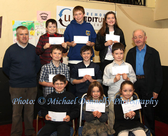 Winners of the Facefield NS section of the Claremorris Credit Union Poster competition 2011 front from left Category A:James Finn, 1st; Fionnghuala Benson, 2nd and Amanda Kilkenny, 3rd;  Middle row Category B: Robert Carleton, 1st;  Sean Joyce, 2nd; and Daniel Carleton, 3rd; At back with category C: Noel Commons teacher;  James Jennings, 1st; Patrick Murphy, 2nd, and Laura Commons, 3rd and John Kirrane, Claremorris Credit Union. Photo: © Michael Donnelly