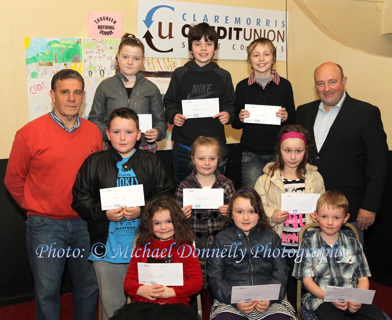 Winners of the Lehinch NS section of the Claremorris Credit Union Poster competition 2011 front from left Category A: Anna Farragher, 1st; Emma Kelly, 2nd and Conor Crane, 3rd;  Middle row Category B: Mark Kelly, 1st;  Stacey McDermott, 2nd; and Niamh Cassidy, 3rd; At back with category C: John Timothy,  Claremorris Credit Union; Megan McDermott, 1st; Cathal Owens, 2nd, and Harry Delaney, 3rd and Ger McHugh, teacher. Photo: © Michael Donnelly Photography