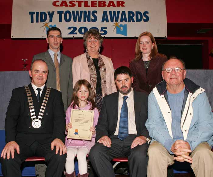 Chloe Rowland was the winner of the Poster Competition in the N.S. section of the Castlebar Tidy Towns Competition pictured at the presentation of prizes in the TF Royal Hotel and Theatre Castlebar, front from left: Cllr Blackie Gavin, Mayor of Castlebar Town Council; Chloe Rowland, John Rowland and Tom Roache; at back:  Ronan Ward, Chairman Castlebar Tidy Towns; Anna O'Malley Dunlop An Taisce and Karol Donnelly, Tidy Town committee.  Photo: Michael Donnelly.