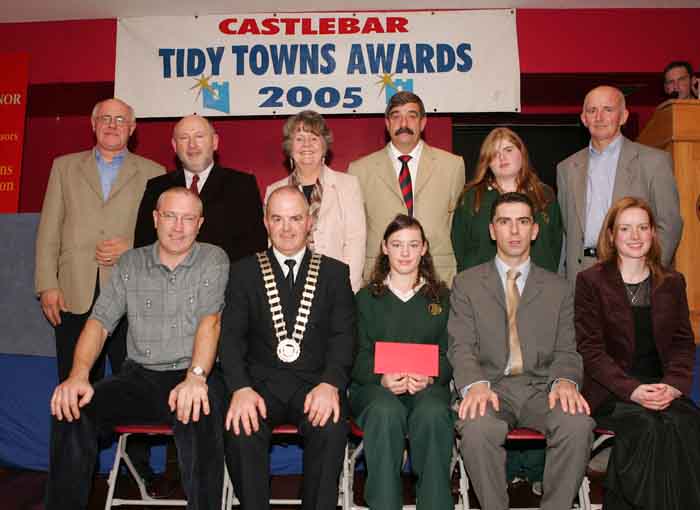 Maria Devine, a 5th year  student in Davitt College Castlebar was the overall winner in the Secondary Schools Photography section of the Castlebar Tidy Towns Competition pictured at the presentation of prizes in the TF Royal Hotel and Theatre Castlebar, front from left: Cllr Eugene McCormack, Cllr Blackie Gavin, Mayor of Castlebar Town Council,  Maria Devine, Ronan Ward, Chairman Castlebar Tidy Towns; and Karol Donnelly Committee. At back from left: Ray Norton, Town Manager; Cllr Michael Kilcoyne,   Anna O'Malley Dunlop, An Taisce; Seamus Swift teacher Davitt College; Lisa Carroll, Davitt College
 and Cllr Kevin Guthrie.  Photo: Michael Donnelly.